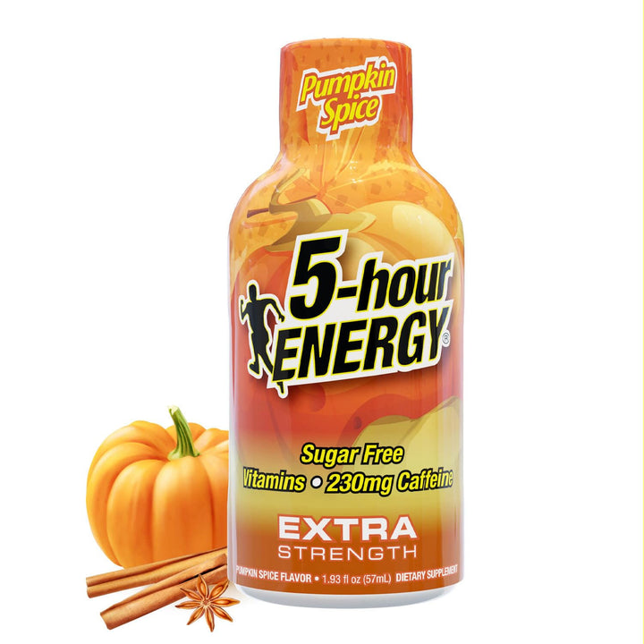 A bottle of 5-hour Energy Extra Strength pumpkin spice flavor, shown on a white background with a small pumpkin, cinnamon sticks, and star anise graphic at the bottom left.