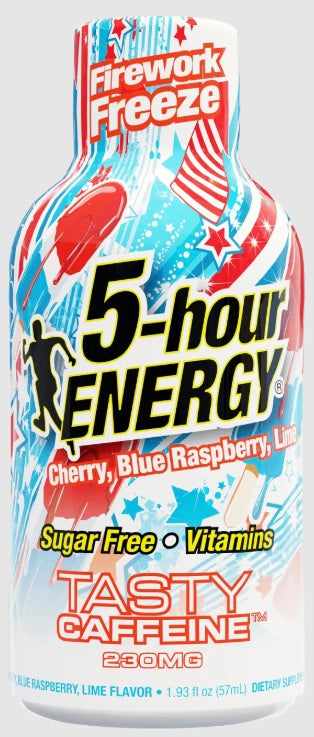 A bottle of 5-hour Energy Firework Freeze Cherry, Blue Raspberry, Lime flavor dietary supplement. The label features a patriotic red, white, and blue design with fireworks and stars, and bold black and red text.