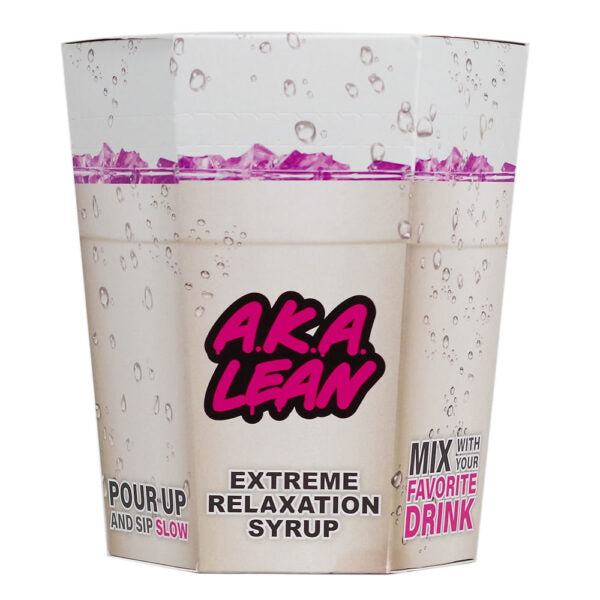 A bottle of AKA Lean Extreme Relaxation Syrup with a white label and pink logo, sealed with a silver foil cap, on a white background..
