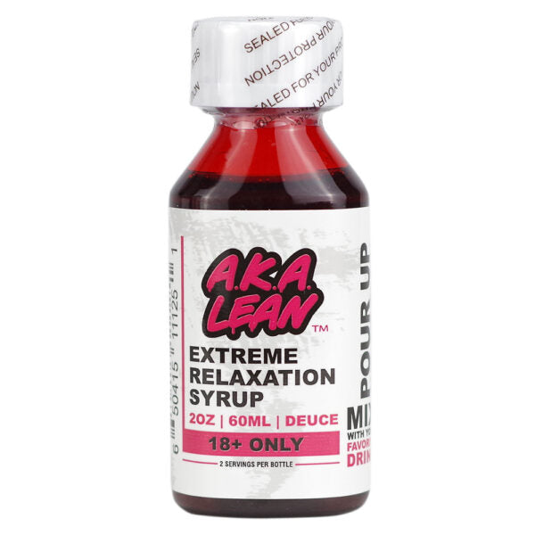 A bottle of AKA Lean Extreme Relaxation Syrup with a white label and pink logo, sealed with a silver foil cap, on a white background.