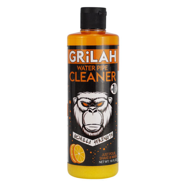 A bottle of GRiLAH Water Pipe Cleaner in vanilla strength, featuring a black cap and a black label with an illustration of a grumpy chimpanzee and orange slices, filled with orange-yellow liquid.