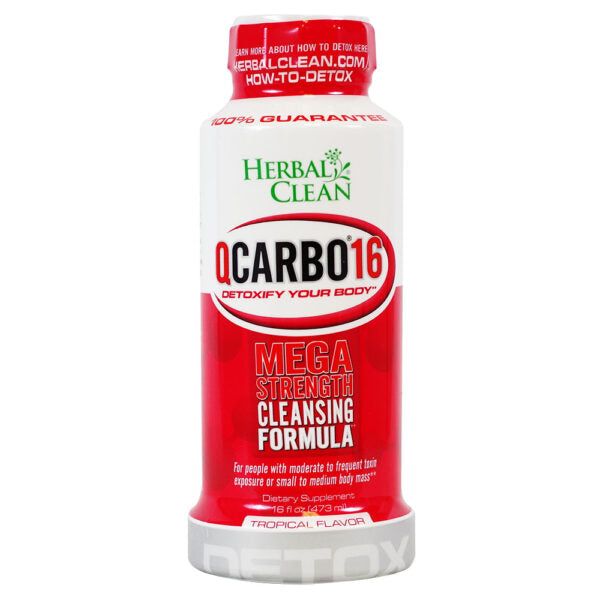 A bottle of Herbal Clean QCarbo16 Mega Strength Cleansing Formula in Tropical Flavor, featuring a white and red label with green brand text, on a solid white background.