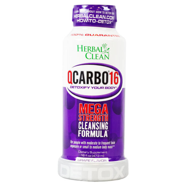 A bottle of Herbal Clean QCarbo16 Mega Strength Cleansing Formula in grape flavor, featuring a white and purple label with green and red text, on a white background.
