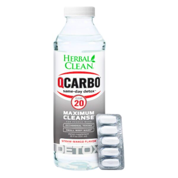 A bottle of Herbal Clean QCarbo Same-day Detox Maximum Cleanse, alongside a blister pack of tablets, on a plain white background.