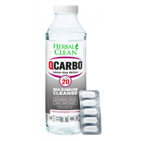 A bottle of Herbal Clean QCarbo Same-day Detox Maximum Cleanse in cran-raspberry flavor, shown alongside a blister pack of white tablets on a plain white background.