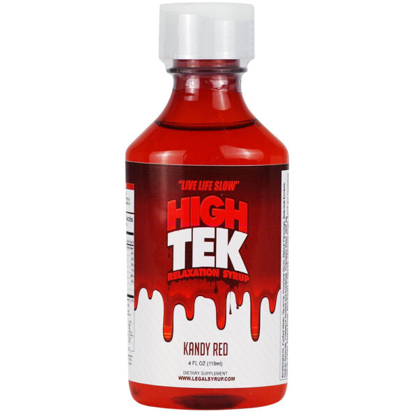 A bottle of High Tek Kandy Red relaxation syrup, 4 fl. oz.