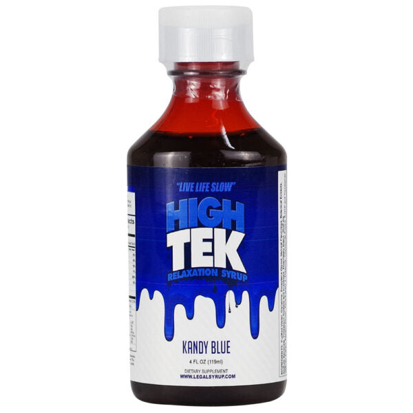 A bottle of High Tek Relaxation Syrup in Kandy Blue, featuring a dark blue label with white and blue text, a white cap, and a red neck collar, shown on a plain white background.