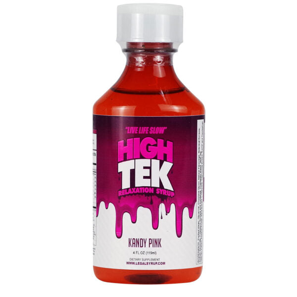 A bottle of High Tek Relaxation Syrup in Kandy Pink flavor, featuring a red liquid inside a clear bottle with a white cap and a pink and white label.