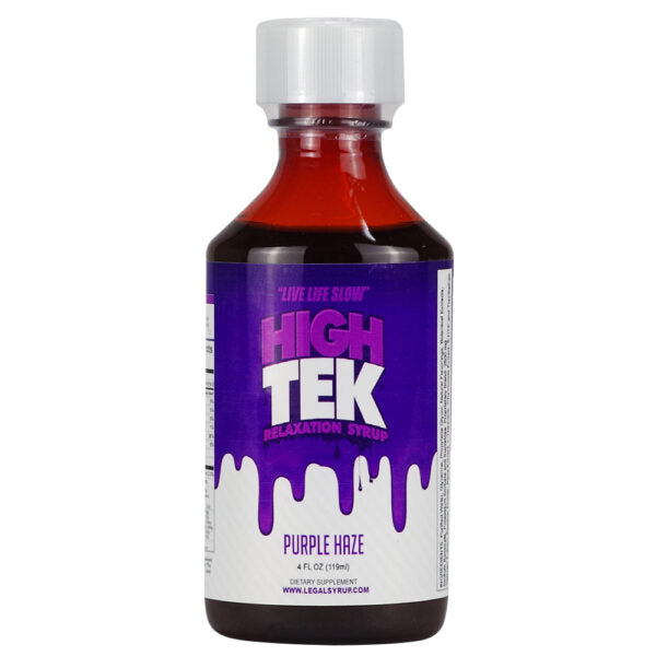 A bottle of High Tek Relaxation Syrup in Purple Haze flavor, featuring a purple and white label with a dripping paint design, on a white background.