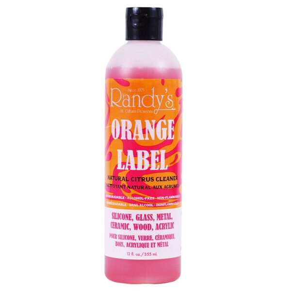 A bottle of Randy's Art Studio Orange Label Natural Citrus Cleaner, featuring a pink liquid inside a clear bottle with a black cap and a vibrant orange and pink label.