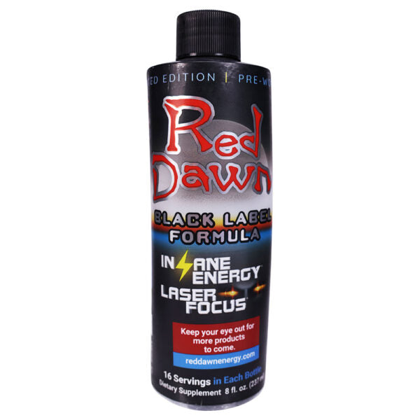 A bottle of Red Dawn Black Label Formula dietary supplement, featuring a black label with red, white, and blue text, and a black cap, isolated on a white background.