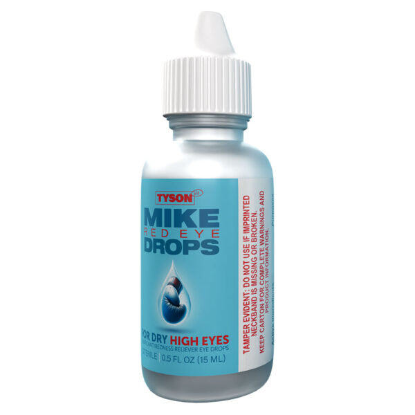 A bottle of Tyson Mike's Eye Drops for dry high eyes, featuring a light blue label with white and red text, a white dropper cap, and a clear plastic bottle.