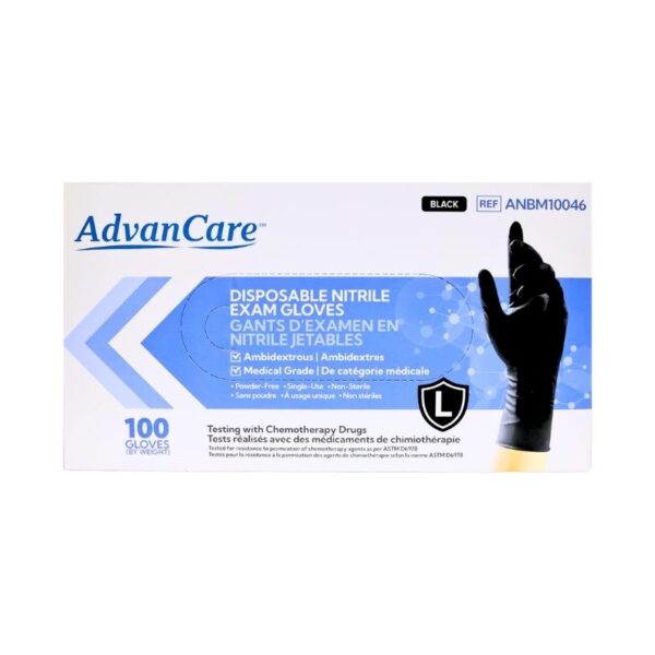 A box of AdvanCare disposable nitrile exam gloves, model ANBM10046. The packaging is white and blue, featuring a graphic of a black gloved hand and text indicating 100 gloves.