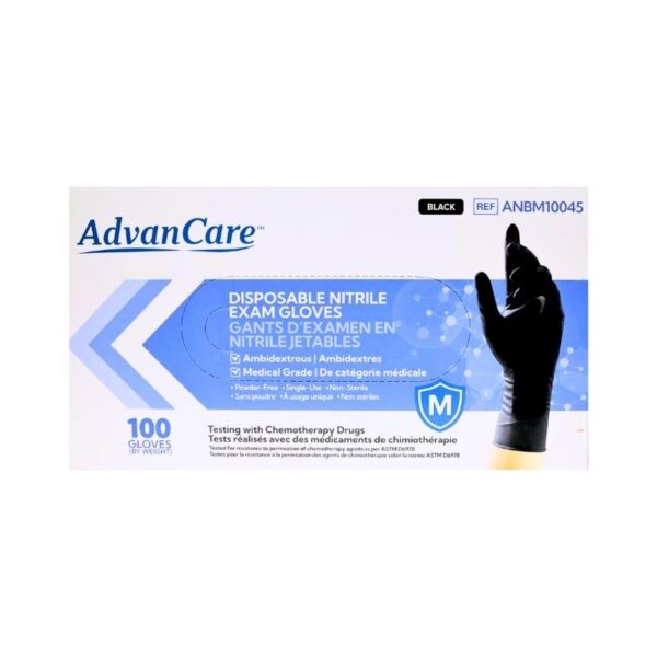 A box of AdvanCare disposable nitrile exam gloves, size M, black, with a graphic of a black gloved hand on a white and blue background.