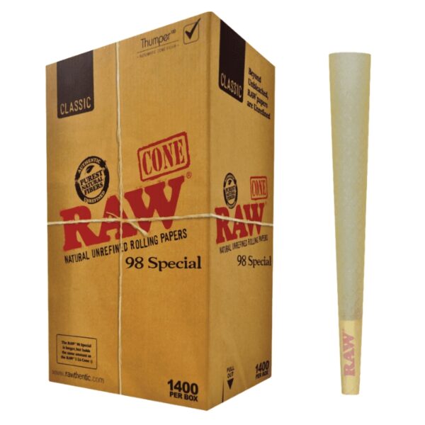 A box of RAW Classic rolling papers next to a single unrolled cone of natural unrefined rolling paper on a white background.
