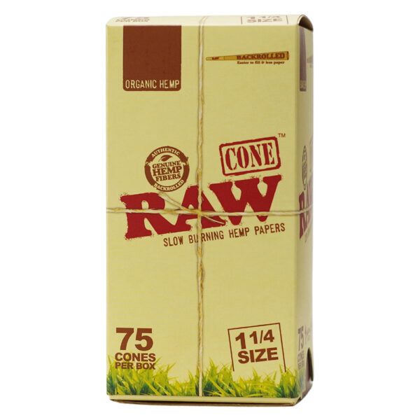 A box of RAW brand organic hemp cone slow burning hemp papers, 75 cones per box, size 11/4. The packaging is a light beige/tan color with a brown top section, red RAW logo, and green grass graphic at the bottom.