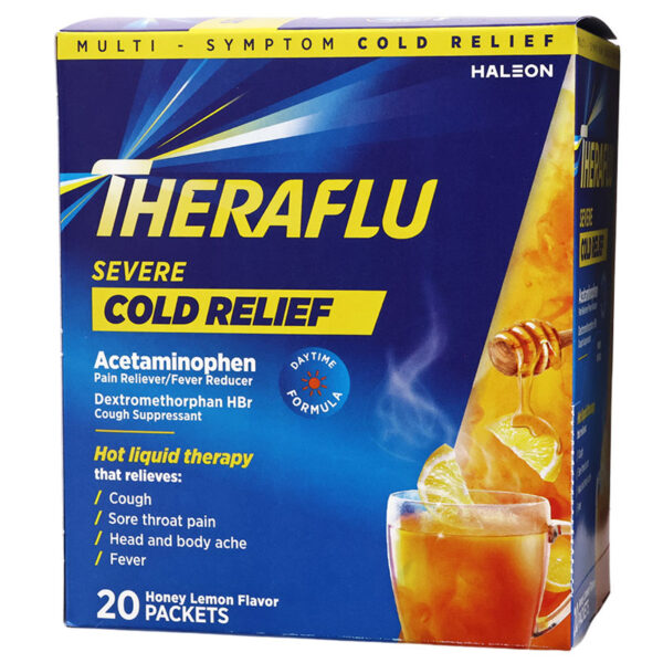A box of Theraflu Severe Cold Relief honey lemon flavor packets, featuring a blue and yellow design with an illustration of a glass of iced tea and a honey dipper.
