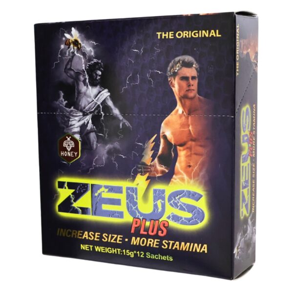 A box of Zeus Plus supplement sachets, featuring a dark, dramatic design with a muscular male figure, lightning effects, and the text 'THE ORIGINAL ZEUS PLUS INCREASE SIZE - MORE STAMINA'.