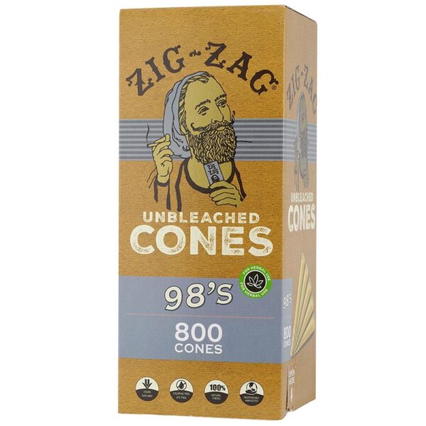 A box of Zig-Zag Unbleached Cones, 98's, containing 800 cones. The packaging is a warm tan/brown color with a stylized illustration of a bearded man smoking, and a slate blue-gray band at the bottom with white text.
