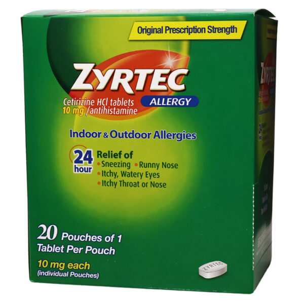 A box of Zyrtec Allergy tablets, 20 individual pouches, featuring the green and yellow packaging with white and blue text.