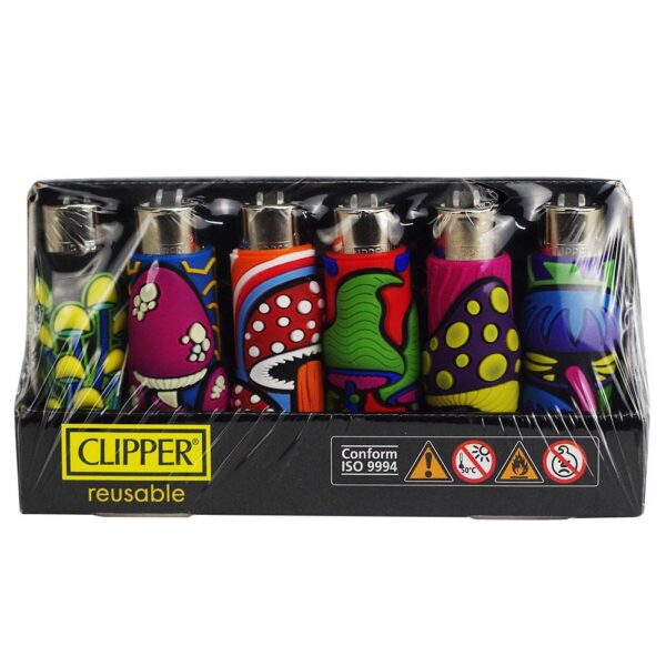 A boxed set of six reusable Clipper refillable lighters in a black retail tray, each with a different bright multicolor abstract pattern, photographed on a white background.
