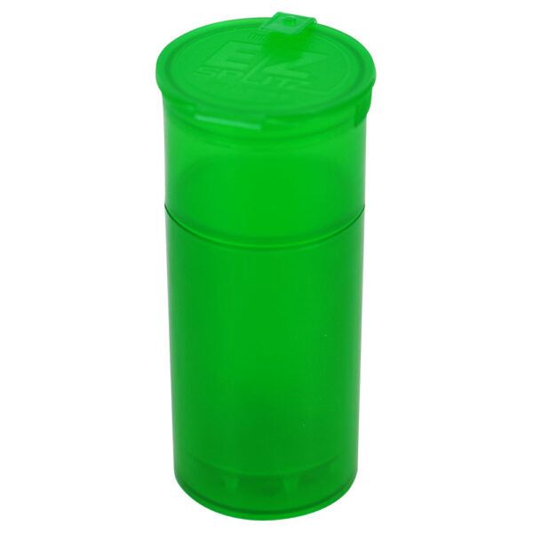 A bright green translucent cylindrical plastic container with a matching screw-top lid, shown on a plain white background.