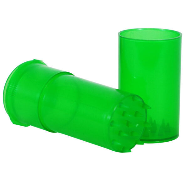 A bright green translucent plastic cylindrical container shown in two pieces, with one piece lying horizontally to display the opening and the other standing upright behind it, on a plain white background.