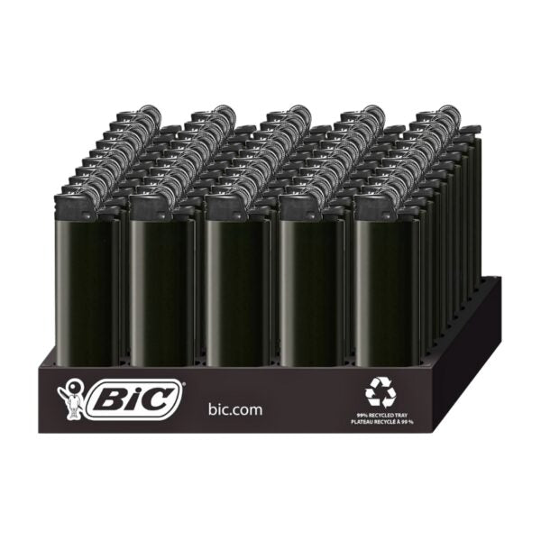 A bulk display tray filled with multiple BIC lighters arranged in rows. The lighters are black bodies, and the display base is black with the BIC logo and bic.