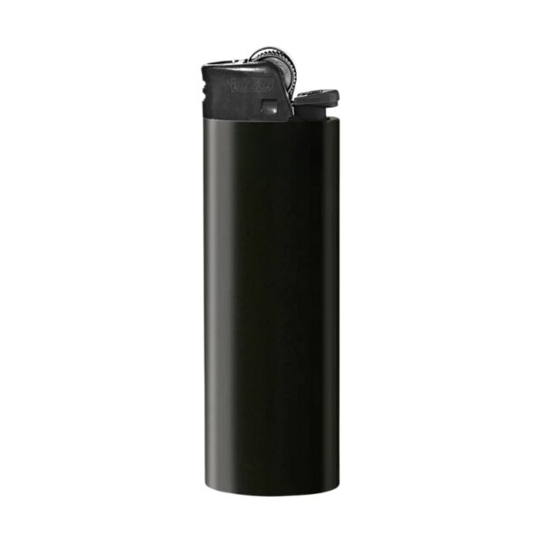 A classic black Bic lighter with a textured top and a visible flame release valve, isolated on a white background.