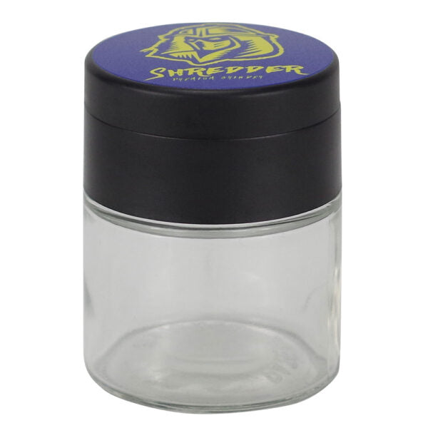 A clear glass jar with a black screw-on lid featuring a blue top section and a yellow Shredder logo.