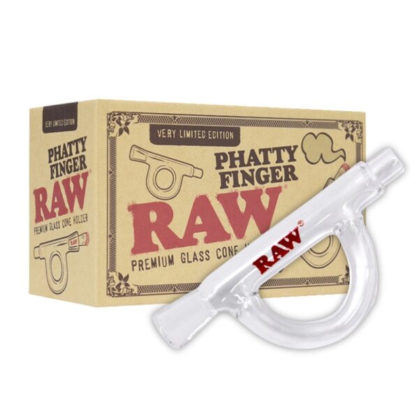 A clear glass phatty finger glass holder with a red RAW logo, shown in front of its tan cardboard packaging box labeled 'Phatty Finger RAW'.