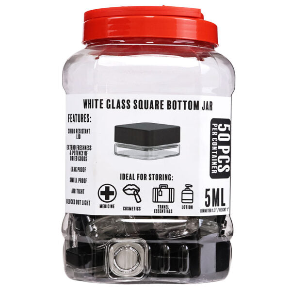 A clear plastic storage jar with a bright red screw-top lid and a white label. The label reads 'WHITE GLASS SQUARE BOTTOM JAR' and '50 PCS' with '5ML' at the bottom, plus icons for medicine, cosmetics, travel essentials, and lotion.