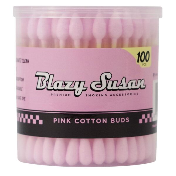 A clear plastic tub filled with pink cotton buds, featuring a pink and black label with the brand name 'Blazy Susan' and a yellow '100 pcs' badge.