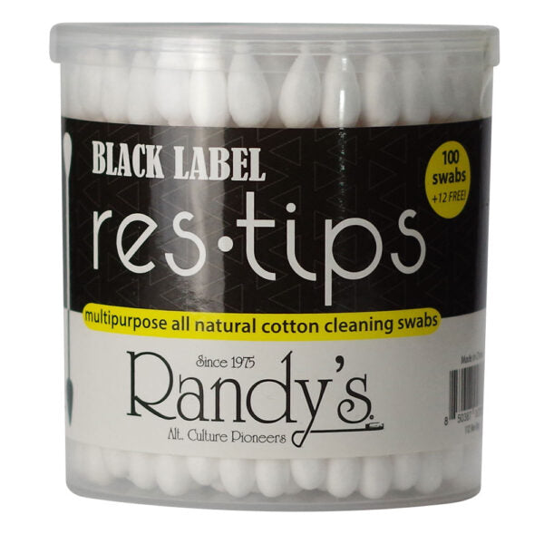 A clear plastic tub of Black Label Res-Tips multipurpose all natural cotton cleaning swabs by Randy's, containing 100 white cotton swabs, on a white background.