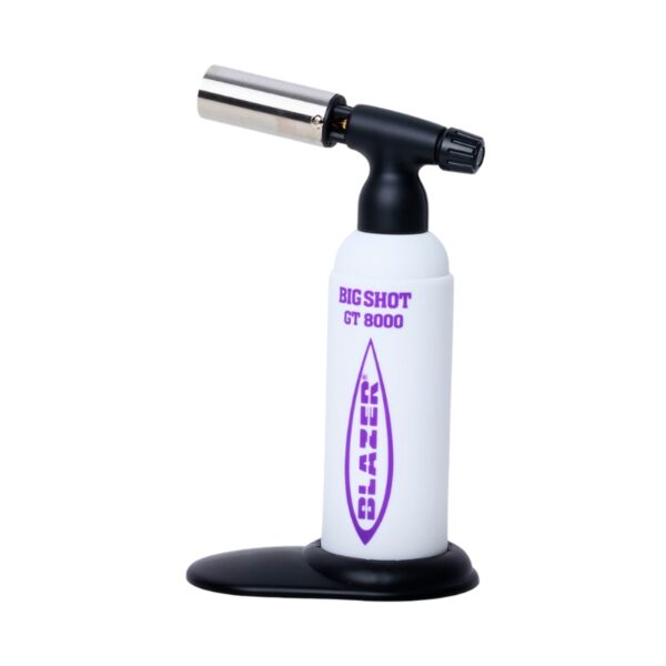 A culinary torch lighter with a white body, black nozzle and base, and a silver metal barrel. The white body features purple text reading 'BIG SHOT CT 8000' and a purple flame logo.