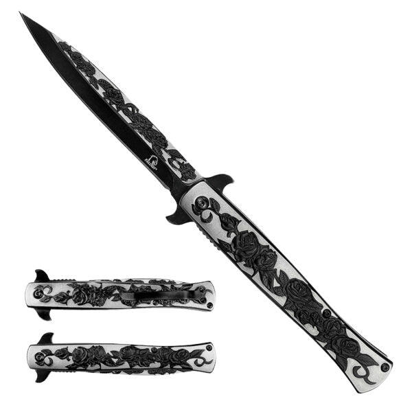 A decorative folding pocket knife with a black blade and a silver handle featuring intricate black rose engravings, shown open with two additional views of the closed knife below on a white background.