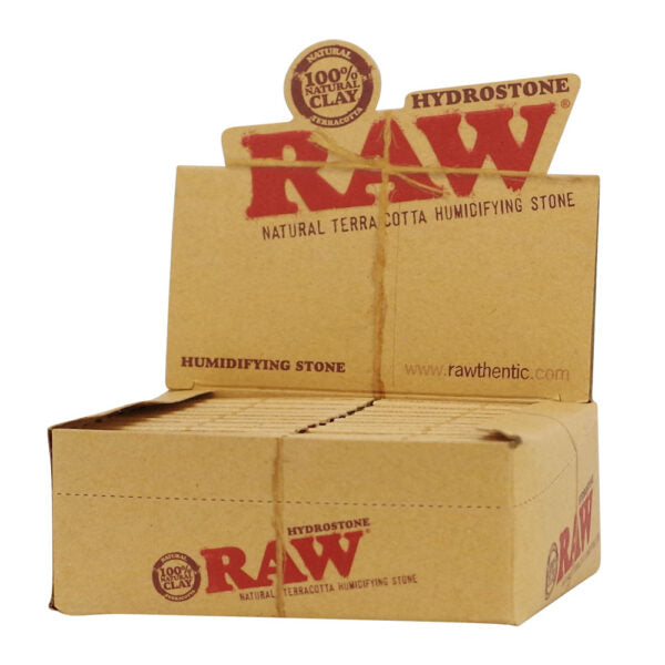 A display box of RAW Hydrostone humidifying stones made from natural clay, shown on a clean white background.