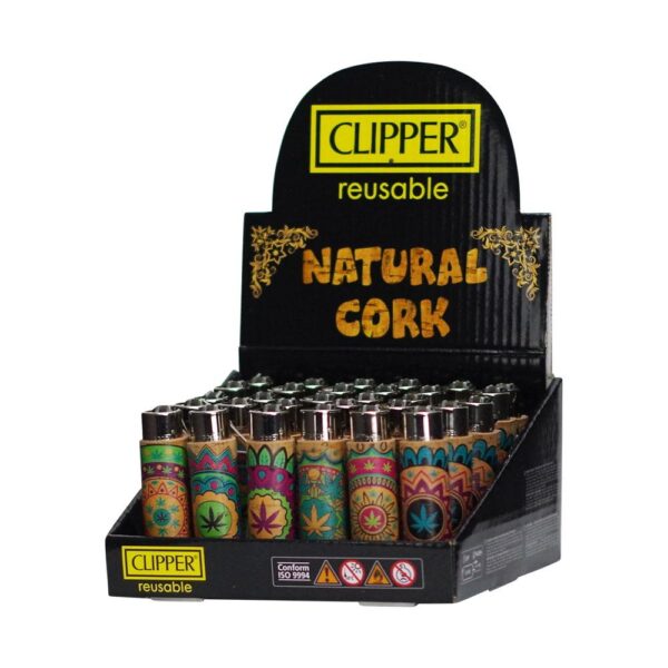 A display box of reusable Clipper natural cork lighters on a plain white background. The black cardboard display features yellow and gold branding and shows multiple reusable lighters with colorful natural cork patterns.