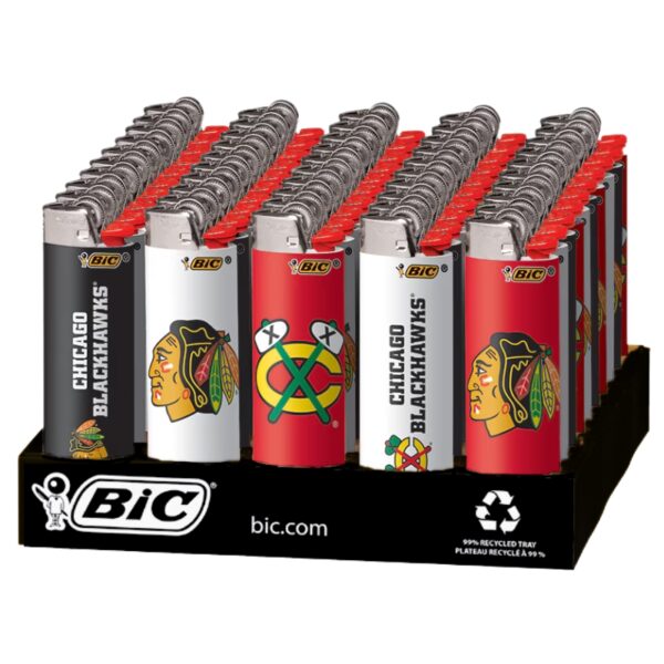 A display of BIC Chicago Blackhawks lighters arranged in rows on a black retail stand. The front three lighters are clearly visible, showing the Chicago Blackhawks team branding in black, white, and red, while the remaining lighters behind them are partially visible.