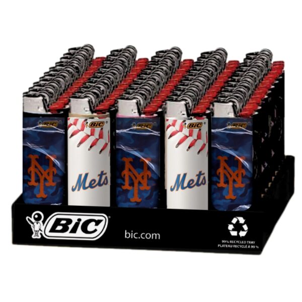 A display of BIC New York Mets lighters arranged in a black plastic retail tray. The lighters feature the Mets logo in orange and blue on a navy blue background, alongside a white version with red baseball stitching.