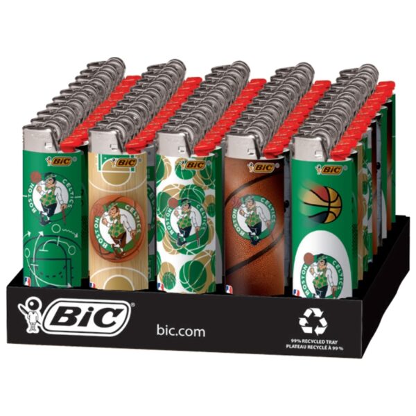 A display of BIC basketball-themed lighter refill packs arranged in a black retail tray. The packs feature green, tan, brown, and white designs with Boston Celtics player graphics and basketball motifs.