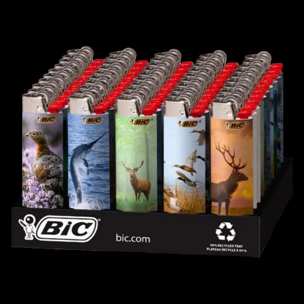 A display of BIC outdoor lighter sets featuring nature-themed illustrations including a bird, dolphin, deer, fish, and elk, arranged in rows on a black BIC branded stand.