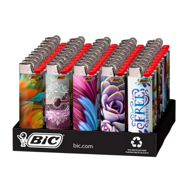 A display of BIC refillable paper lighters arranged in a black plastic stand. The lighters feature various colorful designs, including floral and abstract patterns, with silver metal tops and red plastic tips.