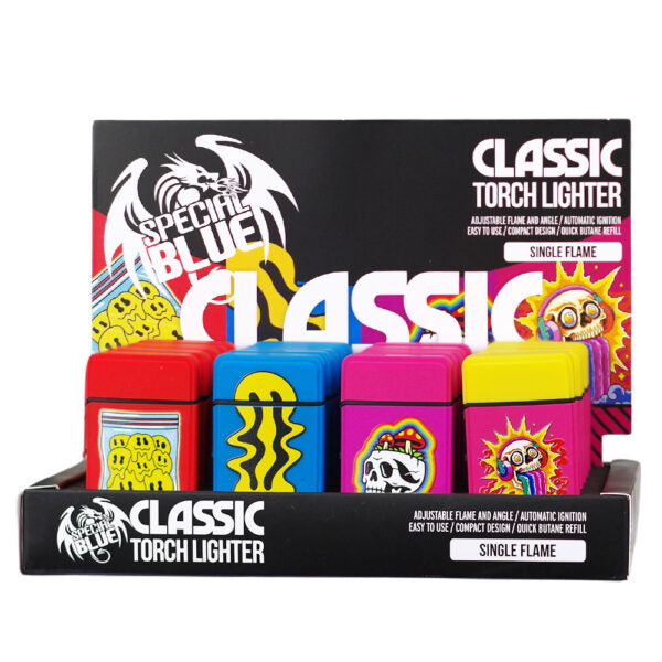 A display of six Specimen Blue Classic Torch Lighters in different vibrant colors, arranged in a black retail counter display box with branded packaging.
