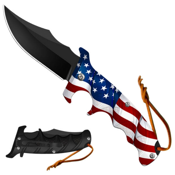 A fixed-blade knife with a black blade and a handle wrapped in an American flag pattern, shown open with a small black sheath and orange lanyard on a white background.