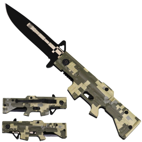 A folding knife with a black blade and a digital camouflage handle in beige, green, and gray tones, shown open with two additional views of the closed knife below on a white background.