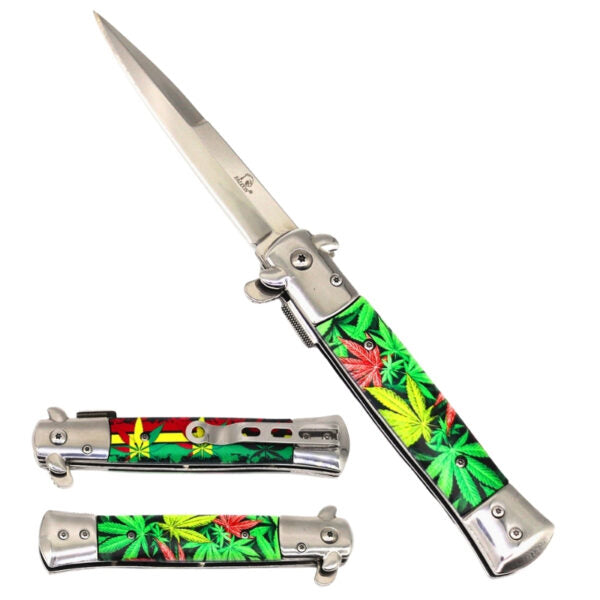 A folding pocket knife shown open and closed, featuring a silver metal blade and handle with a green, red, and yellow cannabis leaf pattern on a white background.