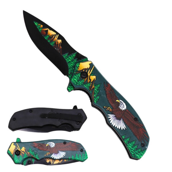 A folding pocket knife shown open and closed on a plain white background. The knife features a black blade and handle base with a detailed multicolor illustration of a bald eagle flying over a green forest with deer.