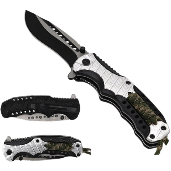 A folding pocket knife shown open and closed on a plain white background. The knife has a black blade, a silver and black textured handle, and a green camouflage wrapped section near the end.