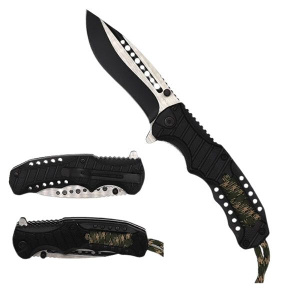 A folding pocket knife shown open and closed on a plain white background. The knife has a black handle with a camouflage-patterned accent near the base, a partially serrated black blade, and a silver metal edge.